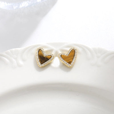 1 Pair Vintage Style Simple Style Geometric Round Heart Shape Plating Inlay Copper Natural Stone Zircon 18K Gold Plated Ear Studs