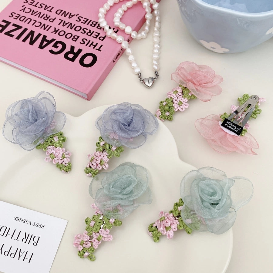 Korean Style Net Yarn Flowers Side Clip Side Fringe Hairpin Female Forehead Exquisite 2024 New Short Hair Headwear Female BB Clip