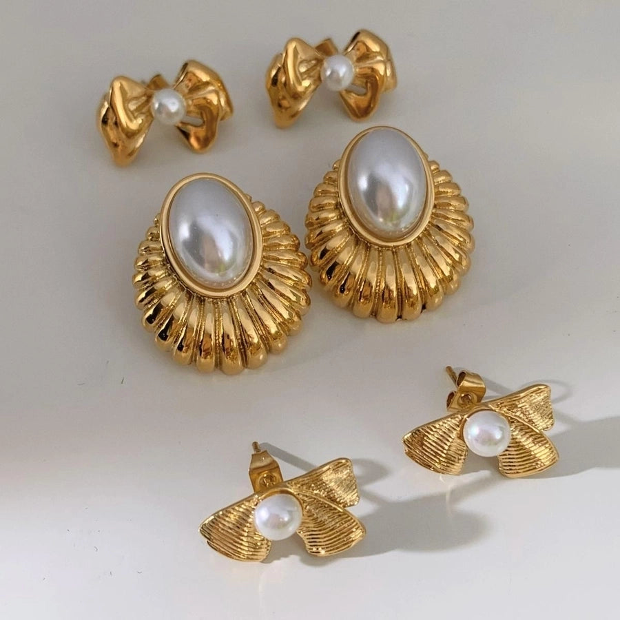 1 Pair Casual Modern Style Oval Bow Knot Inlay 304 Stainless Steel Pearl 16K Gold Plated White Gold Plated Gold Plated Ear Studs
