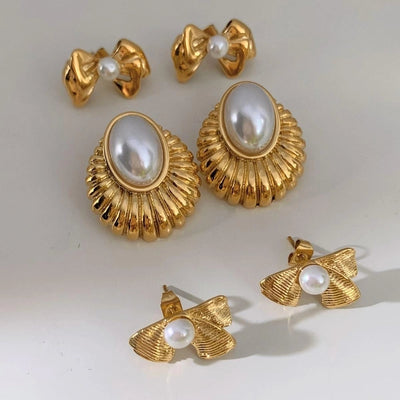 1 Pair Casual Modern Style Oval Bow Knot Inlay 304 Stainless Steel Pearl 16K Gold Plated White Gold Plated Gold Plated Ear Studs