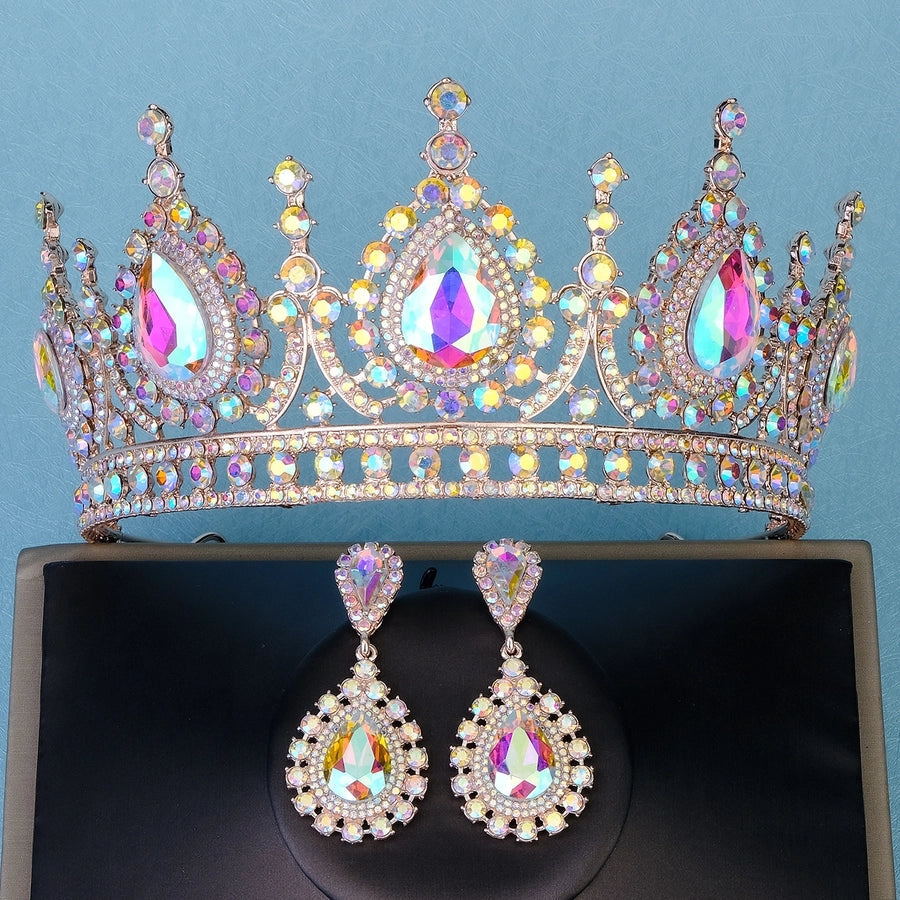 retro water droplets alloy hollow out inlay rhinestones crown earrings