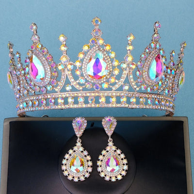 retro water droplets alloy hollow out inlay rhinestones crown earrings
