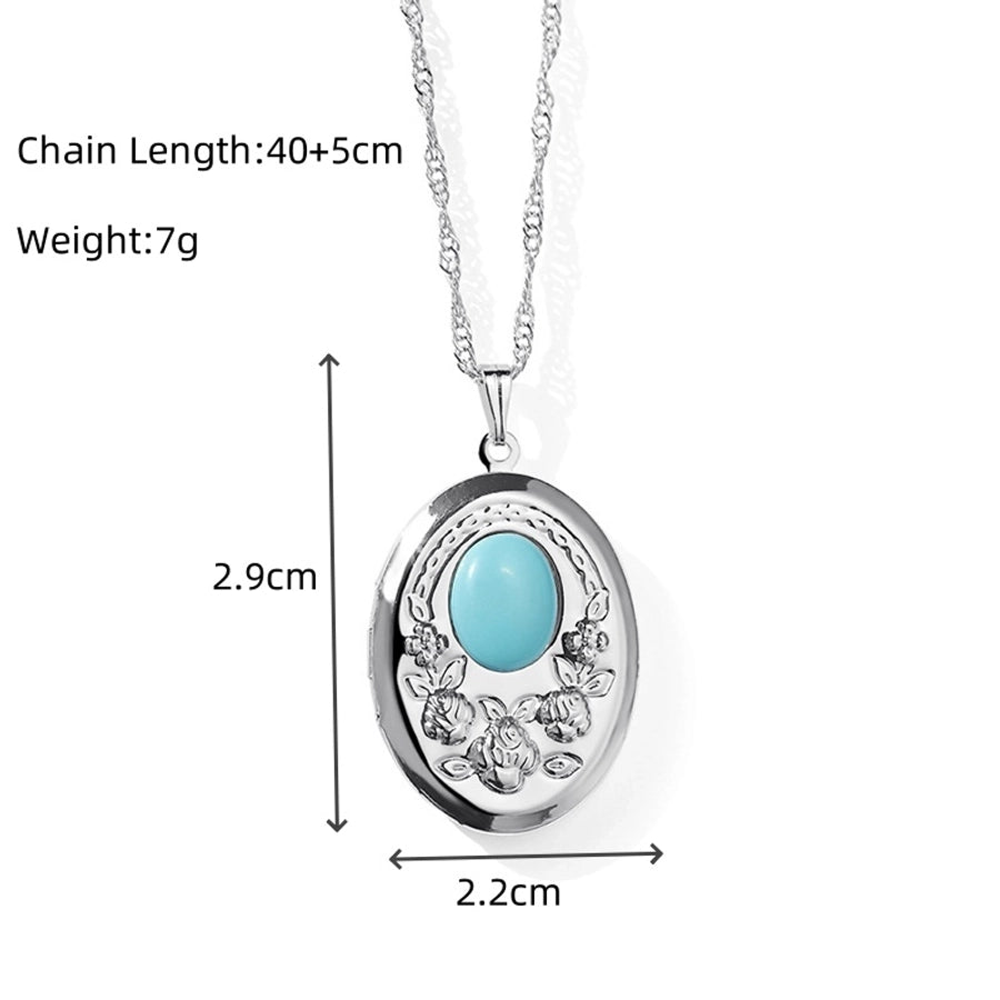 Retro Oval 18K Gold Plated White Gold Plated Turquoise Agate Alloy  Locket Necklace