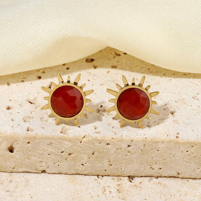 One Pack and Two Pairs Retro French Style Sun Plating Titanium Steel Natural Stone 14K Gold Plated Ear Studs