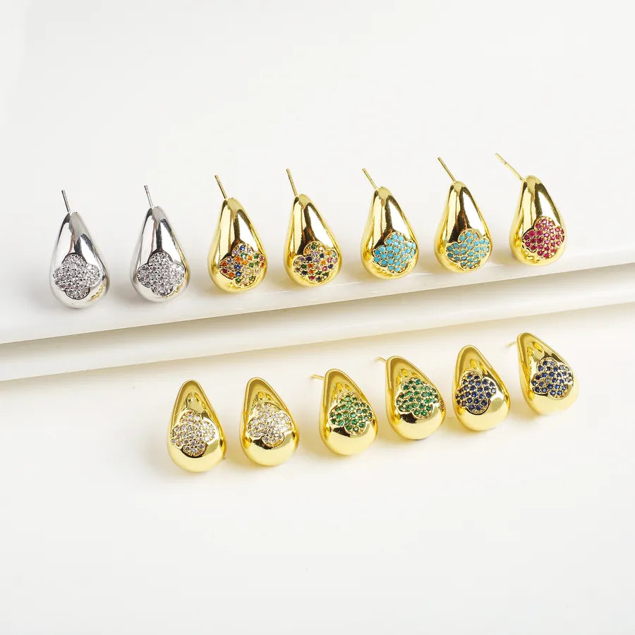 1 Pair Elegant Simple Style Four Leaf Clover Water Droplets Copper Zircon Ear Studs