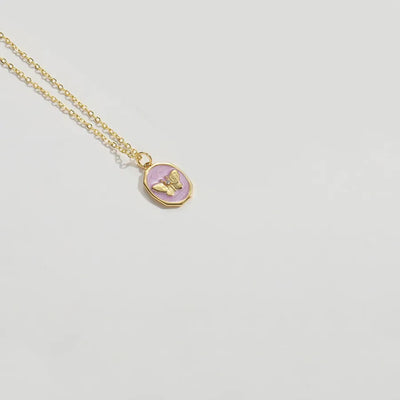 Copper 14K Gold Plated Enamel Butterfly Pendant Necklace