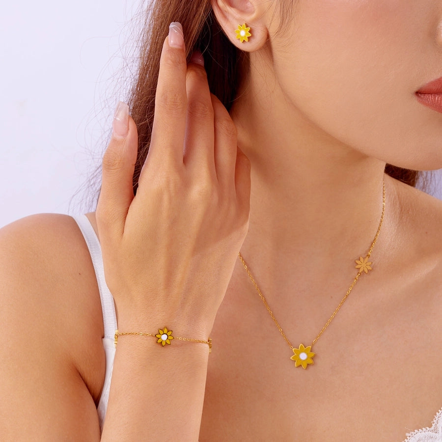Premium Little Daisy Flower Bracelet Necklace Ear Stud Three-Piece Set Sweet Personality Niche Stainless Steel Ornament