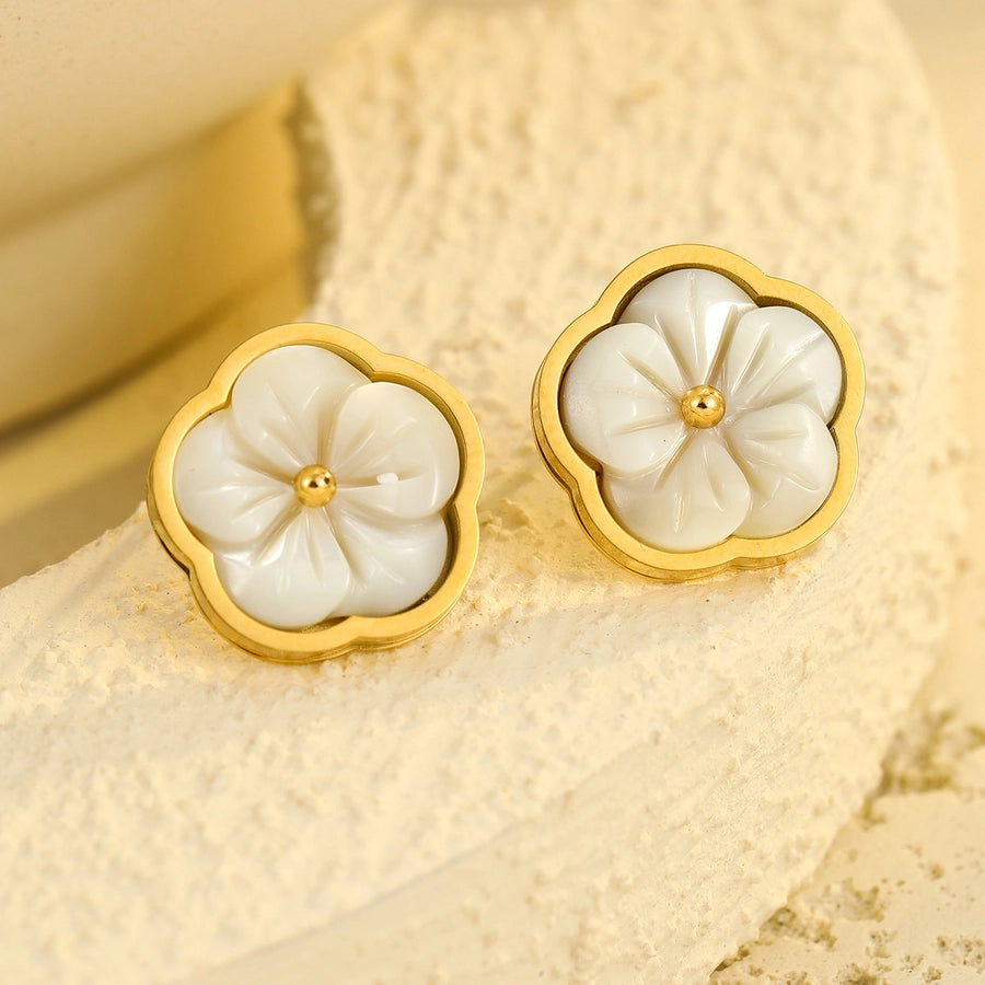 Jewelry Simple Style Flower 304 Stainless Steel Shell Zircon 18K Gold Plated Inlay Bracelets Earrings Necklace