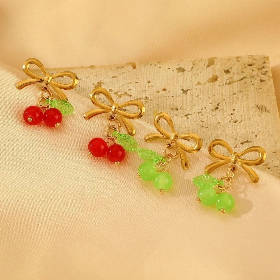 Jewelry Sweet Simple Style Cherry Bow Knot 304 Stainless Steel Rings Earrings