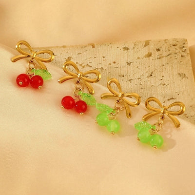 Jewelry Sweet Simple Style Cherry Bow Knot 304 Stainless Steel Rings Earrings