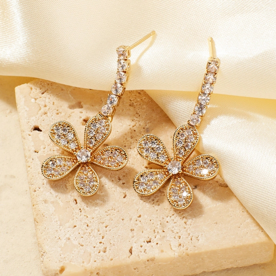 1 Pair Elegant Shiny Korean Style Geometric Water Droplets Flower Inlay Copper Glass Zircon K Gold Plated Rhodium Plated Ear clip