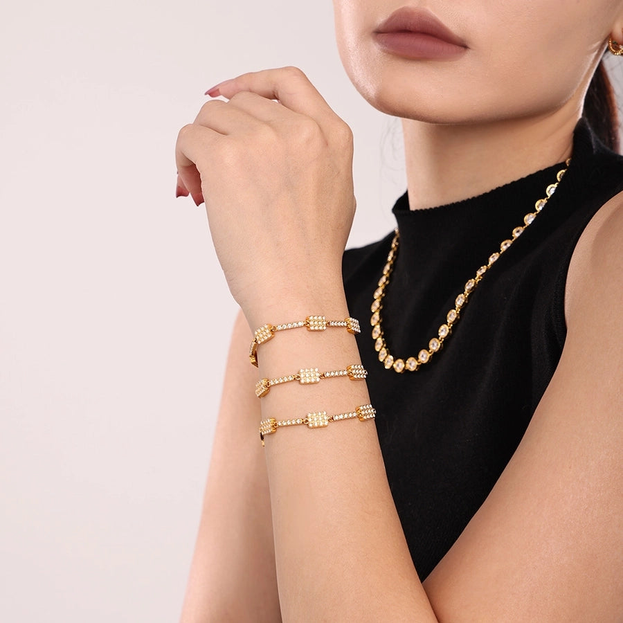 Elegant Rectangle 304 Stainless Steel 18K Gold Plated Zircon  Bracelets In Bulk