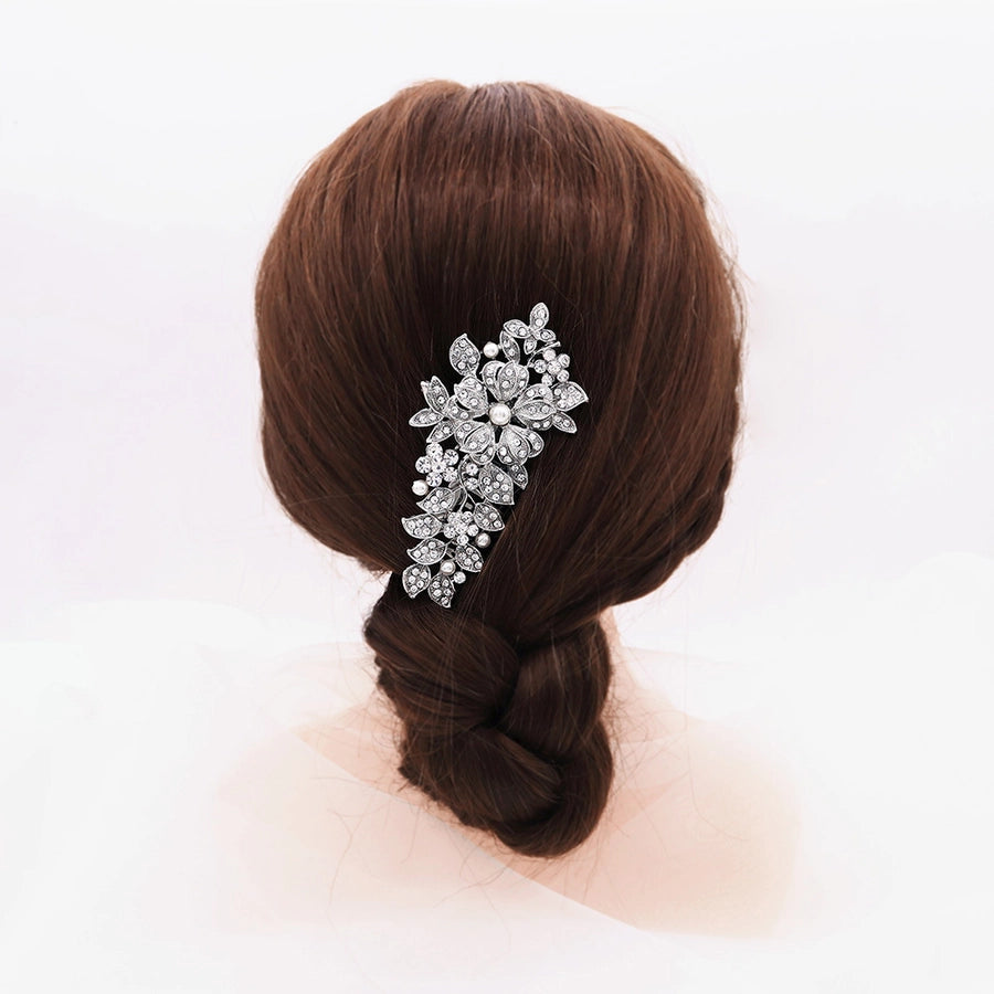 cross-border hot bride wedding decoration european and american retro alloy flower rhinestone-embedded hair comb highlight pearl hair bun hair comb