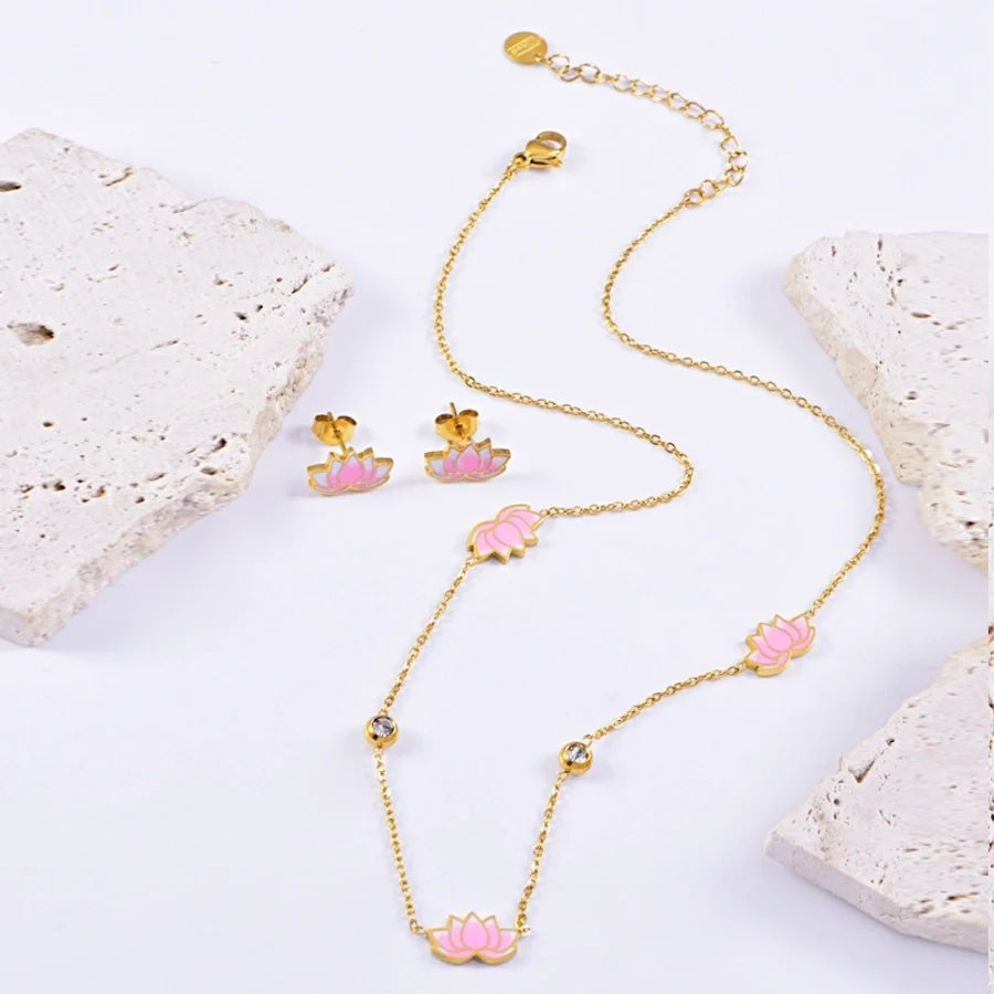 Jewelry Sweet Flower Titanium Steel Gold Plated Epoxy Plating Bracelets Jewelry Set