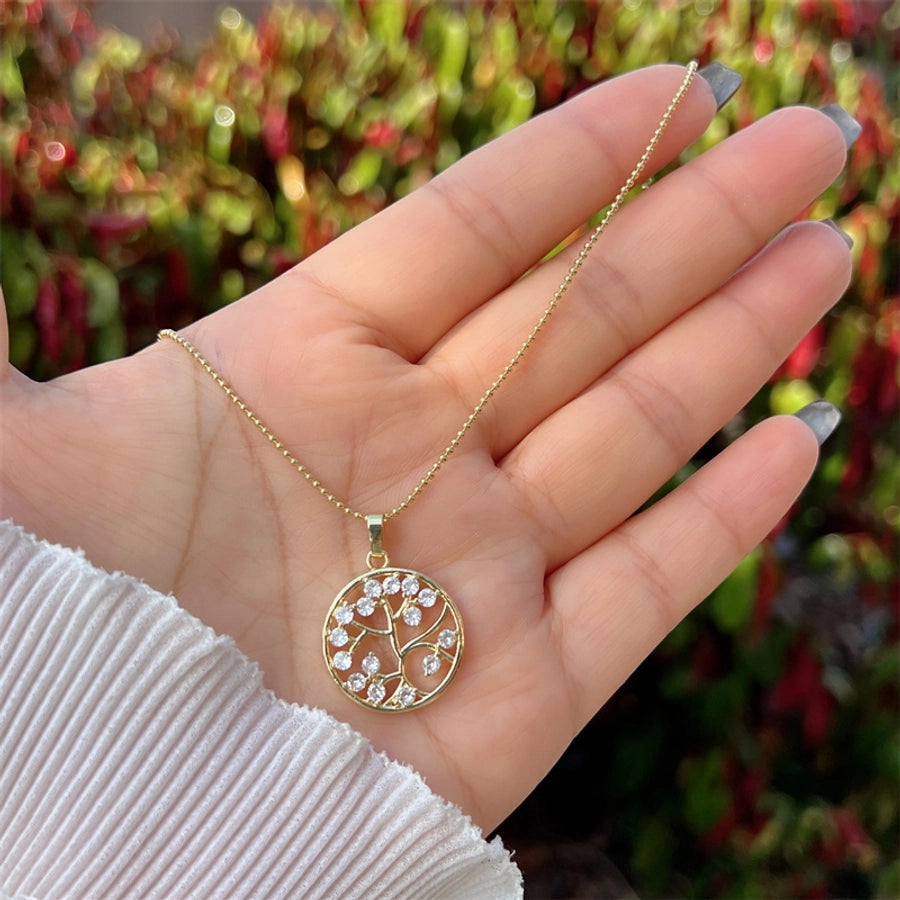 Copper 18K Gold Plated Inlay Round Heart Shape Life Tree Zircon Pendant Necklace