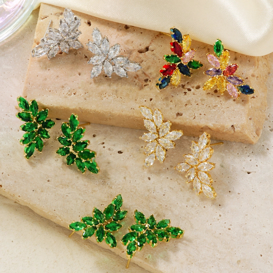 1 Pair Elegant Artistic Streetwear Leaf Asymmetrical Copper Glass Zircon K Gold Plated Rhodium Plated Ear Studs