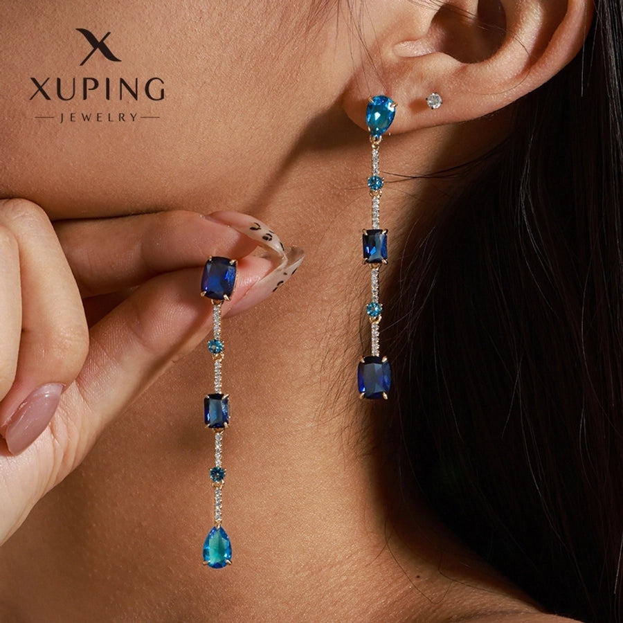 1 Pair Elegant XUPING Geometric Plating Inlay Copper Artificial Gemstones 18K Gold Plated Drop Earrings