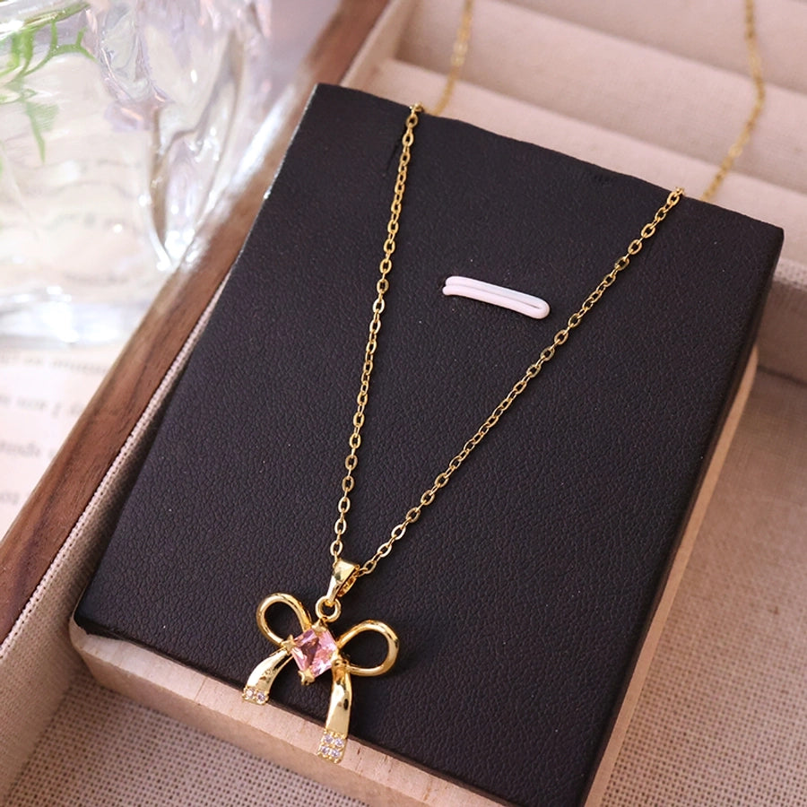 304 Stainless Steel Copper 18K Gold Plated K Gold Plated Inlay Bow Knot Zircon Pendant Necklace