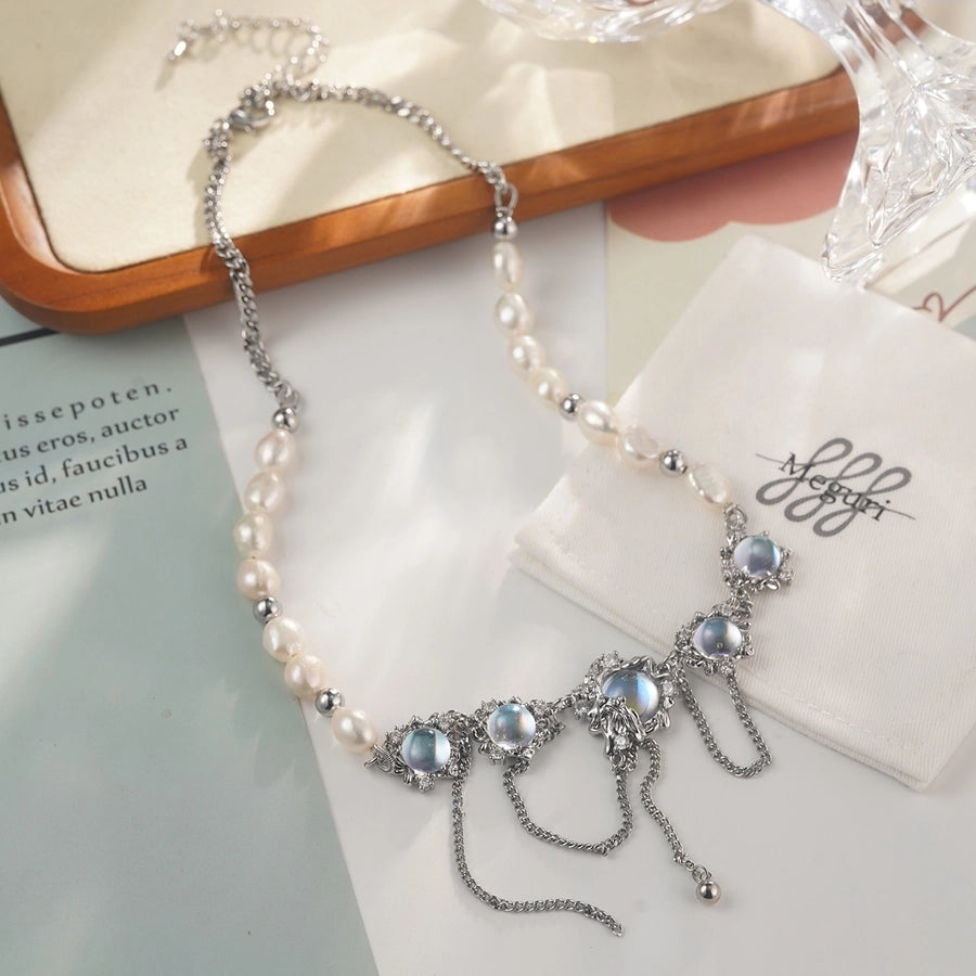 Alloy Copper White Gold Plated Four Eight-Pointed Stars Glass Pearl Zircon Necklace