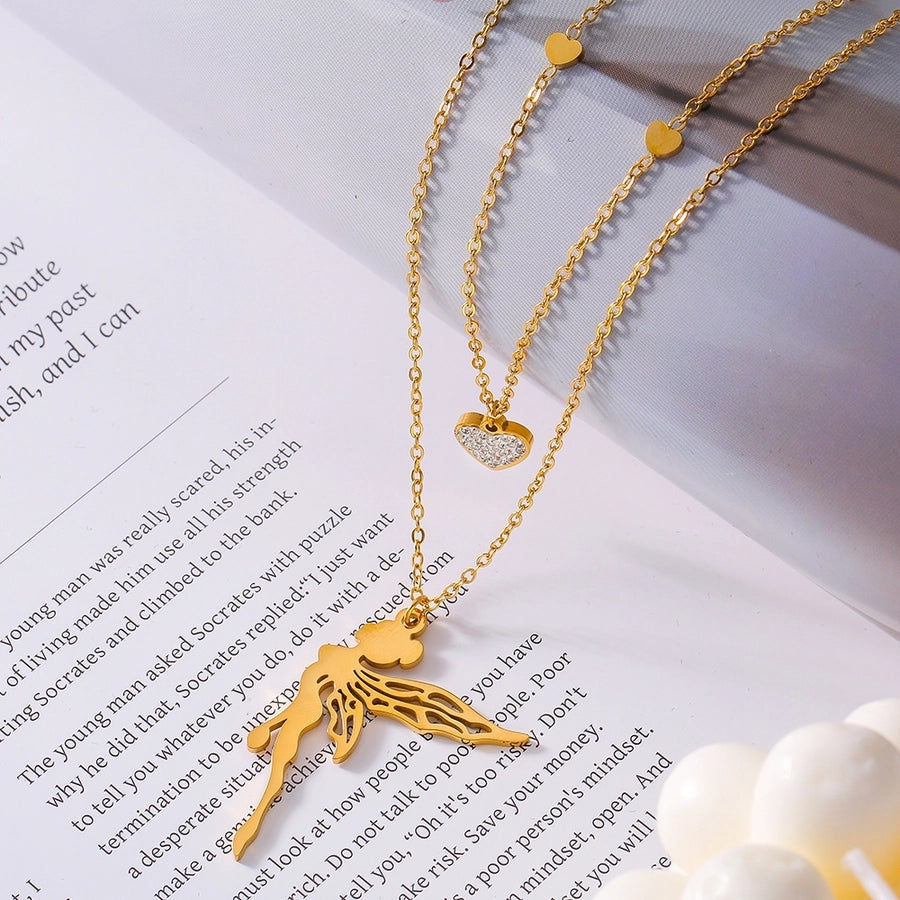 Jewelry Sweet Korean Style Angel Heart Shape 304 Stainless Steel Rhinestones 18K Gold Plated Layered Plating Inlay Double Layer Necklaces Pendant Necklace