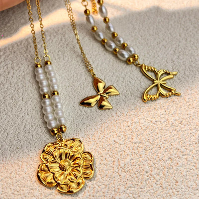 Wholesale Jewelry Vacation Beach Flower Butterfly Bow Knot 304 Stainless Steel 18K Gold Plated Plating Pendant Necklace Paperclip Chain cable chain