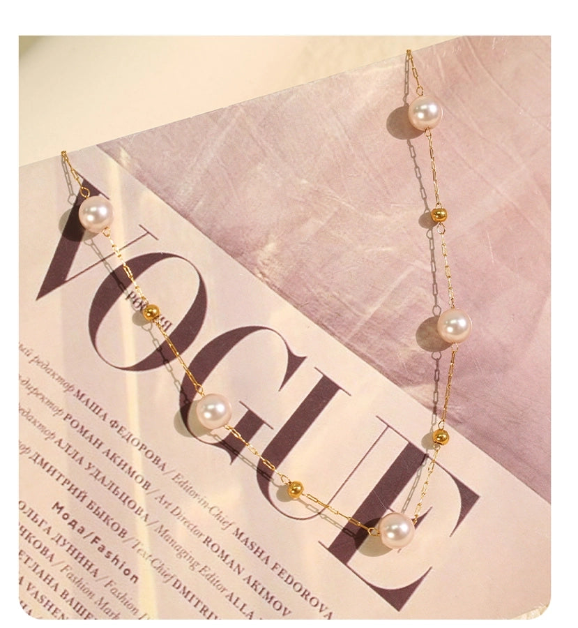 Jewelry IG Style Elegant French Style Round 304 Stainless Steel Artificial Pearls 18K Gold Plated Beaded Polishing Necklace