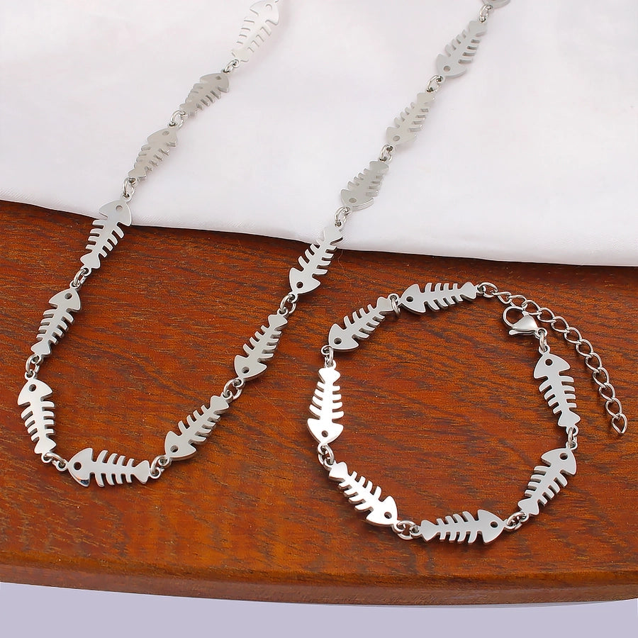 Jewelry IG Style Music Symbol Fish Bone 304 Stainless Steel 18K Gold Plated Bracelets Necklace