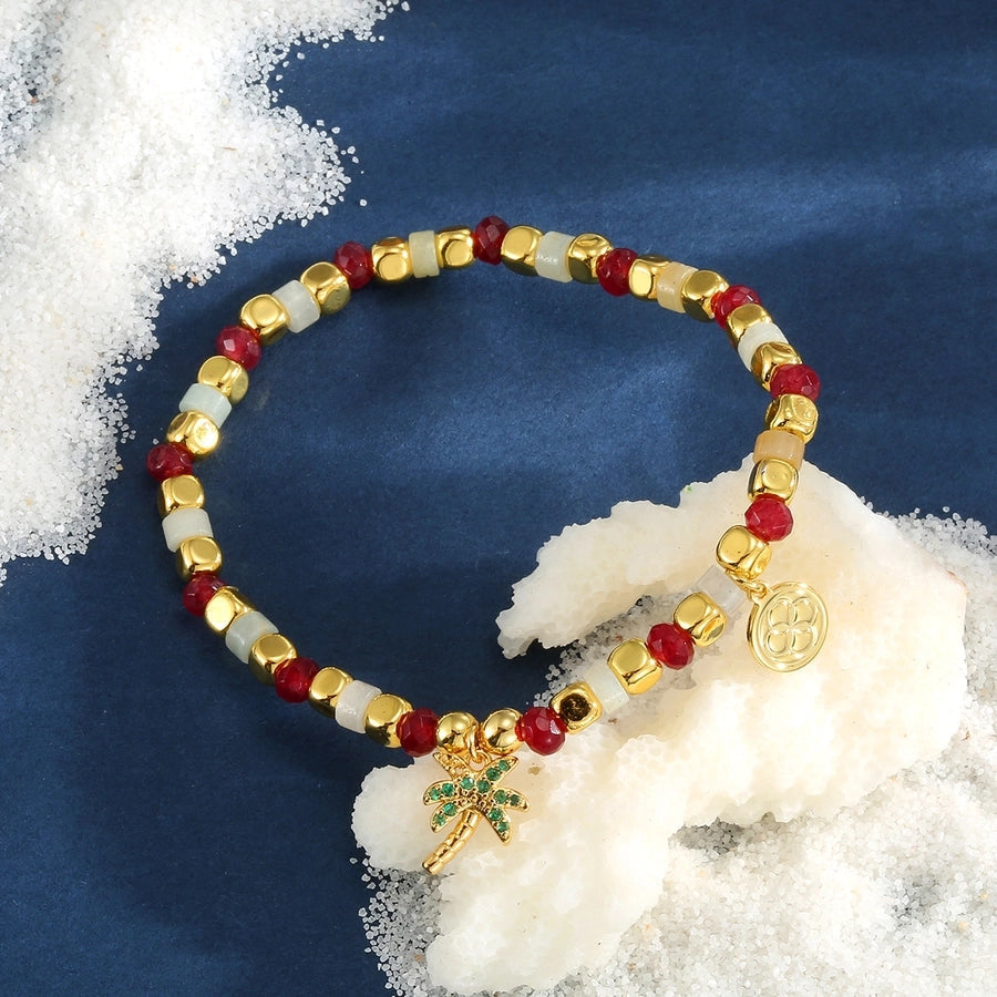 Jewelry IG Style Coconut Tree Copper Artificial Gemstones Beaded Inlay Bracelets