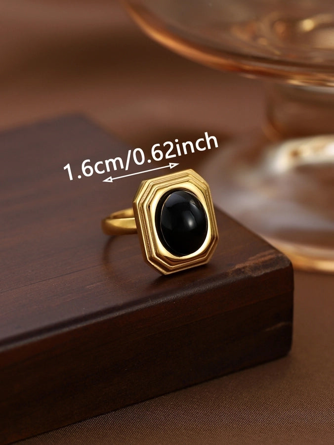 Jewelry Classical Retro Vintage Style Geometric 304 Stainless Steel Natural Stone Inlay Rings
