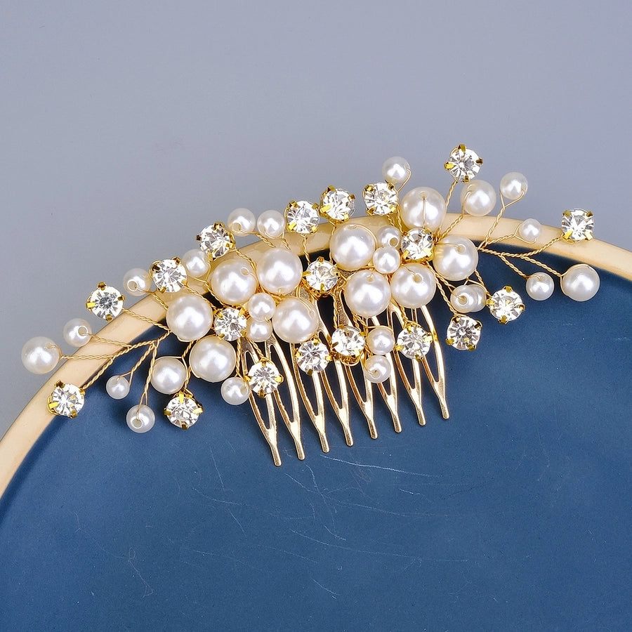 women's sweet geometric solid color alloy plating inlay artificial pearls rhinestones insert comb