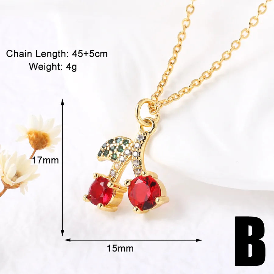 Wholesale Jewelry Modern Style Classic Style Cherry 201 Stainless Steel Copper Zircon 18K Gold Plated Plating Inlay Pendant Necklace O-shaped chain cable chain