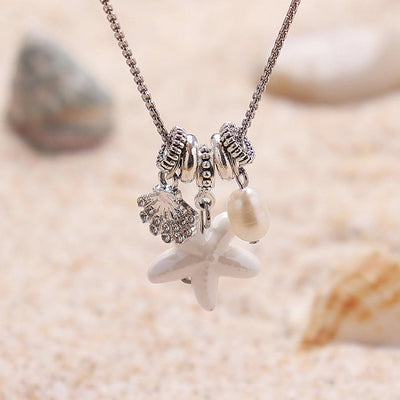 Hawaiian Vacation Starfish Shell Rhinestones Artificial Pearl Titanium Steel ceramics