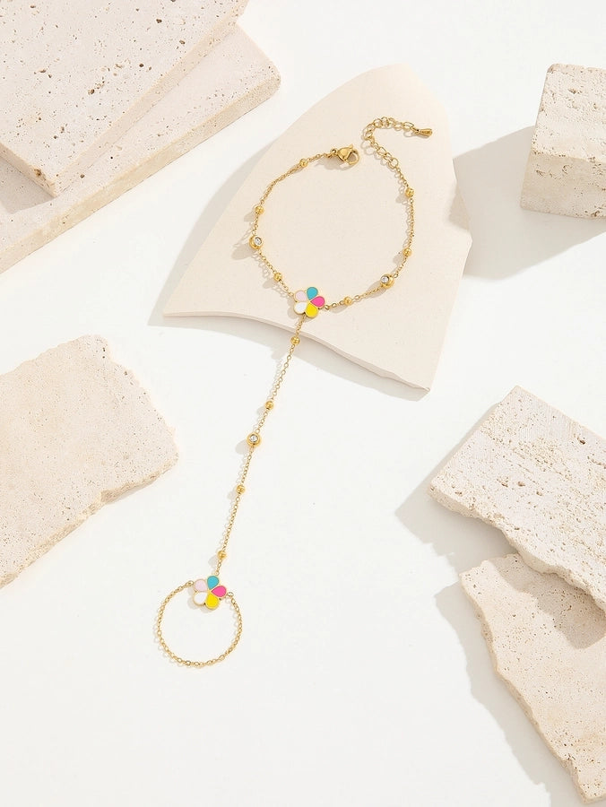 Simple Style Classic Style Petal Butterfly Bow Knot Titanium Steel 18K Gold Plated Rhinestones Bracelets In Bulk