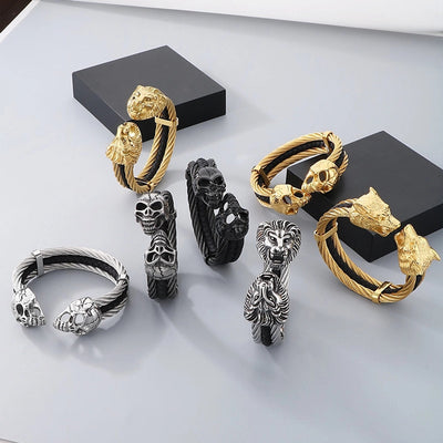 Business Lion's head Wolf Head Skull 304 Stainless Steel 18K Gold Plated Men's Bangle