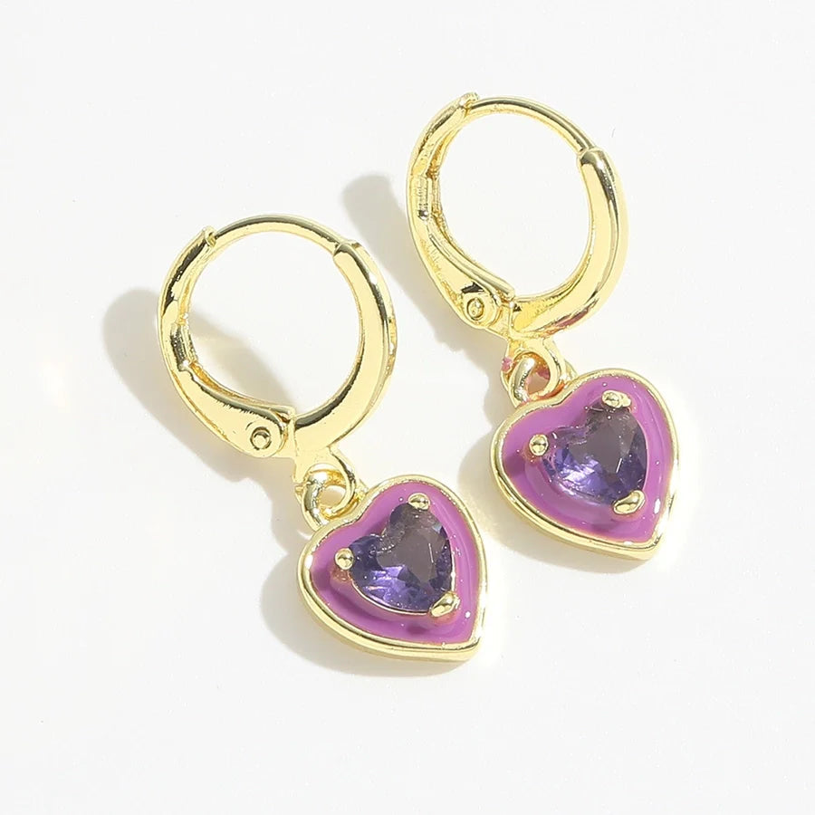 1 Pair Elegant Simple Style Commute Four Leaf Clover Heart Shape Enamel Inlay Copper Zircon 14K Gold Plated Drop Earrings