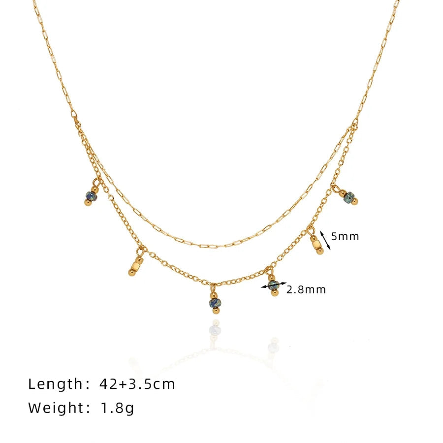 Jewelry Vintage Style Geometric 304 Stainless Steel natural stone 18K Gold Plated Beaded Plating Double Layer Necklaces