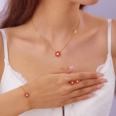 Premium Little Daisy Flower Bracelet Necklace Ear Stud Three-Piece Set Sweet Personality Niche Stainless Steel Ornament
