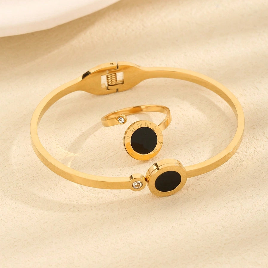 Jewelry Vintage Style Simple Style Roman Style Round Roman Numeral 304 Stainless Steel Shell Zircon Inlay Rings Bracelets