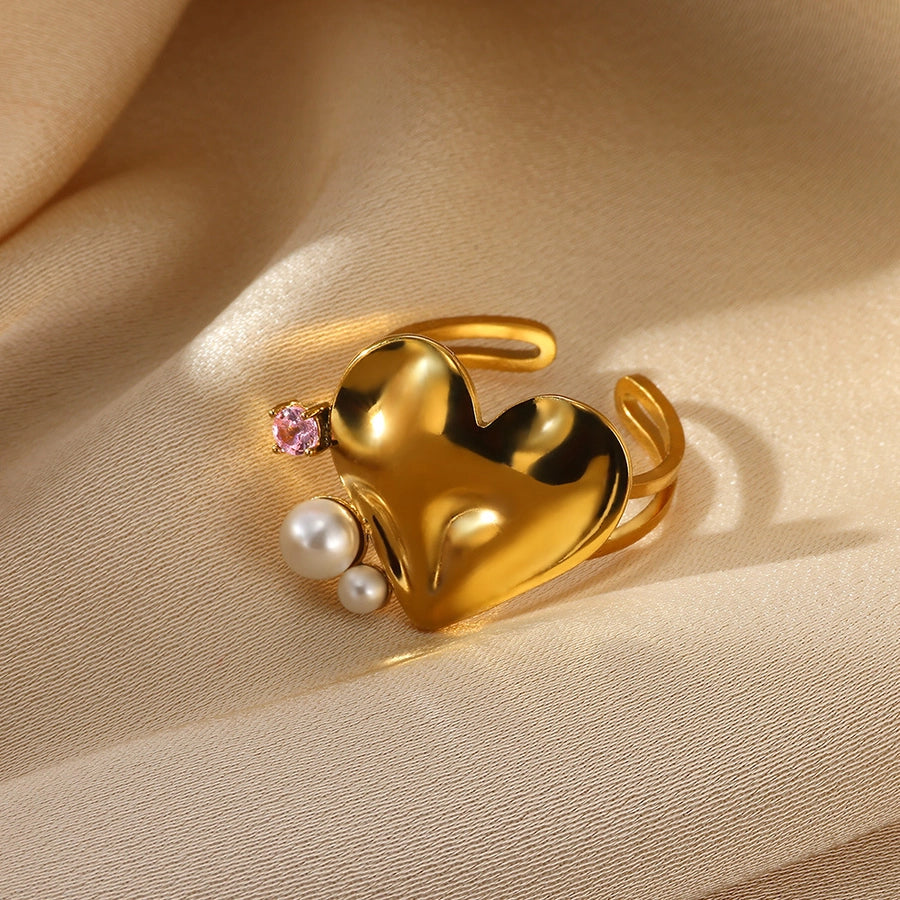 Jewelry IG Style Exaggerated Heart Shape Eye Solid Color 304 Stainless Steel Pearl Zircon Inlay Open Rings
