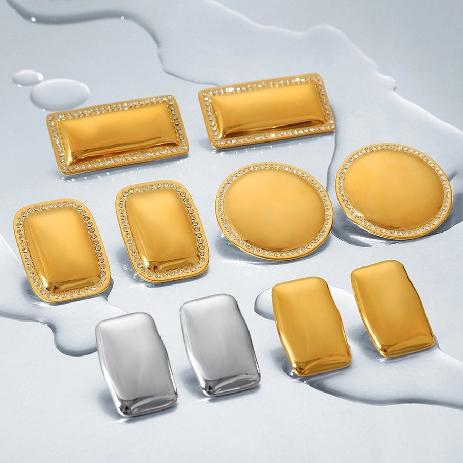 1 Piece IG Style Exaggerated Round Rectangle Plating Inlay 304 Stainless Steel Rhinestones 18K Gold Plated Ear Studs