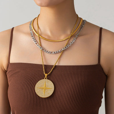 Jewelry Punk Round 201 Stainless Steel Copper Zircon Inlay Three Layer Necklace