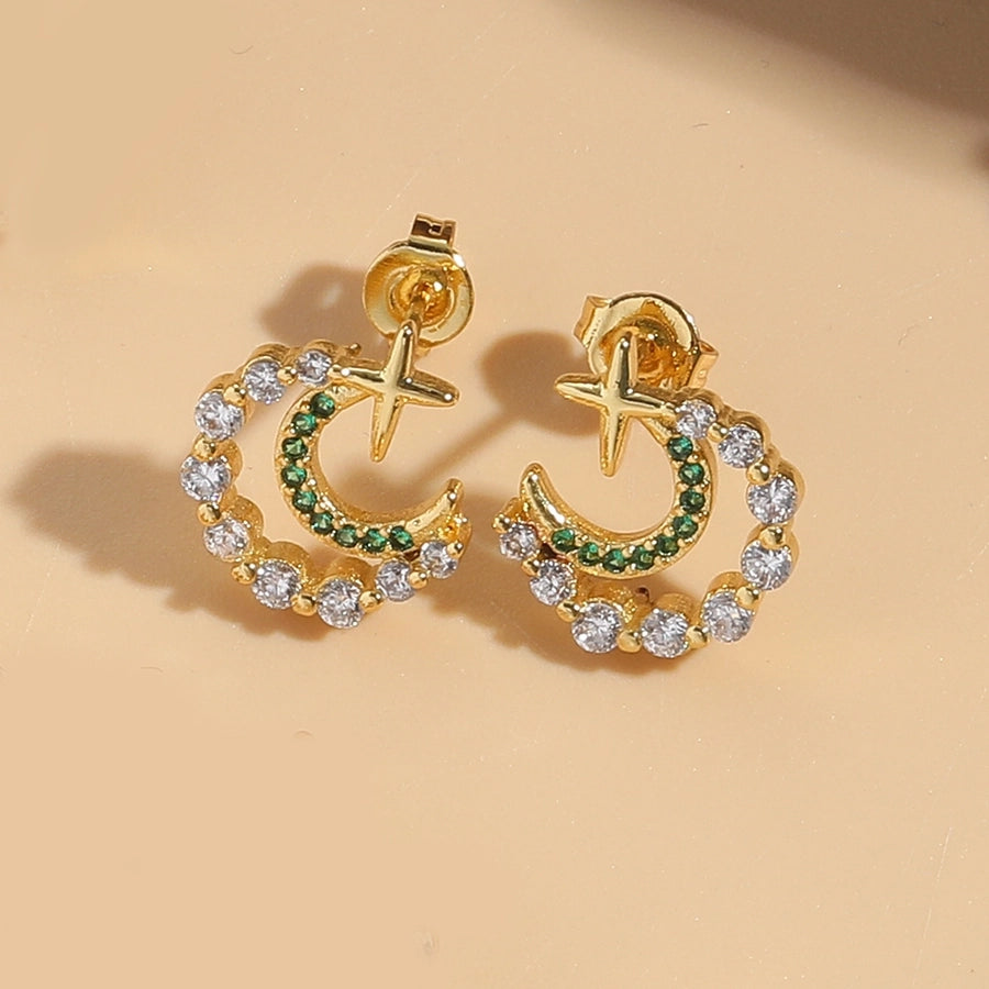 1 Pair Elegant Simple Style Commute Moon Copper Zircon 14K Gold Plated Ear Studs
