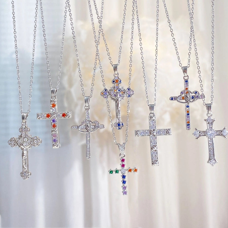 Copper cable chain Plating Cross Zircon Pendant Necklace