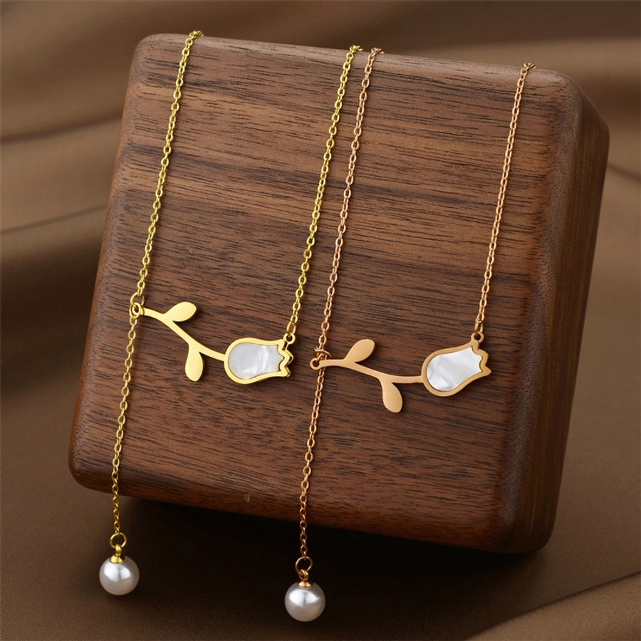 [Whole Body Titanium Steel] Tulip Pearl Pendant Necklace Light Luxury Classic Style Necklace