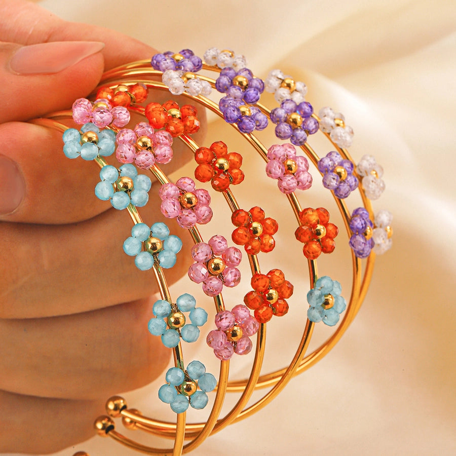 IG Style Flower 304 Stainless Steel 18K Gold Plated Zircon Bangle In Bulk