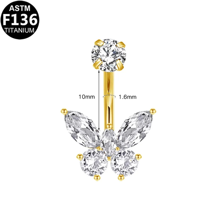1 Piece Belly Rings Glam Shiny Butterfly Pure Titanium Aluminium Alloy Zircon 14K Gold Plated White Gold Plated