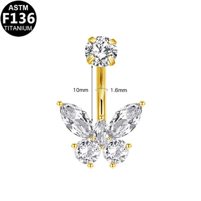 1 Piece Belly Rings Glam Shiny Butterfly Pure Titanium Aluminium Alloy Zircon 14K Gold Plated White Gold Plated