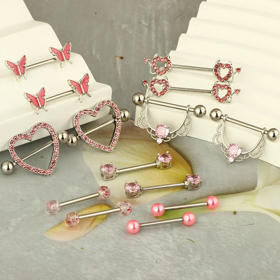 1 Pair Nipple Rings & Studs Hip-Hop Shiny Heart Shape Flower Butterfly 316L Stainless Steel  Copper Inlay Zircon Nipple Rings & Studs