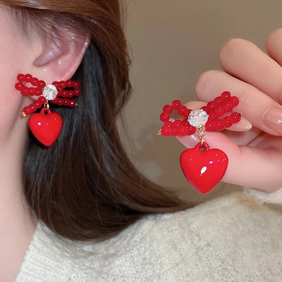 1 Pair IG Style Heart Shape Inlay Copper Resin Glass Bead Zircon Drop Earrings