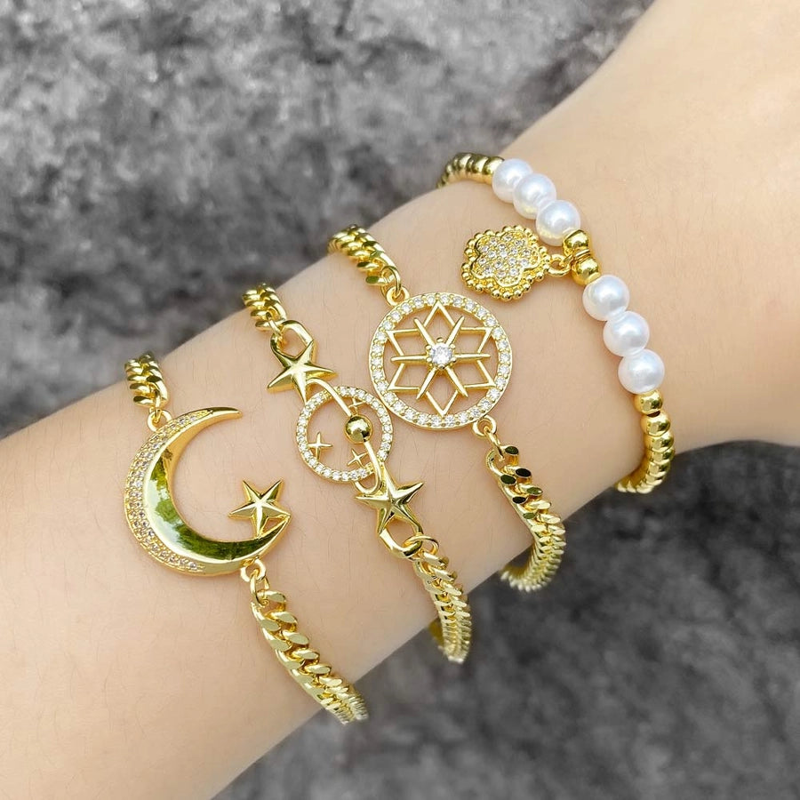 Copper 18K Gold Plated Inlay Star Moon Zircon Bracelets